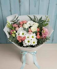 Букет цветов из:  Розы, Лизиантусы и Хризантемы в Бургуне-Маджаре