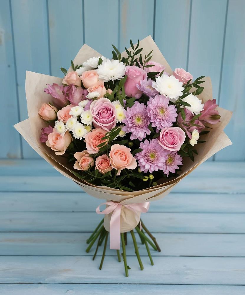 Букет цветов из: Хризантемы, Розы и Альстромерии в Бургуне-Маджаре