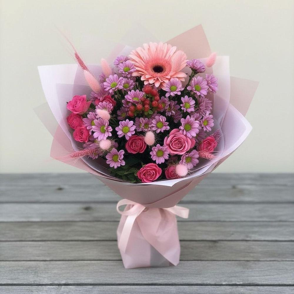 Букет цветов из: Розы, Герберы и Хризантемы в Бургуне-Маджаре