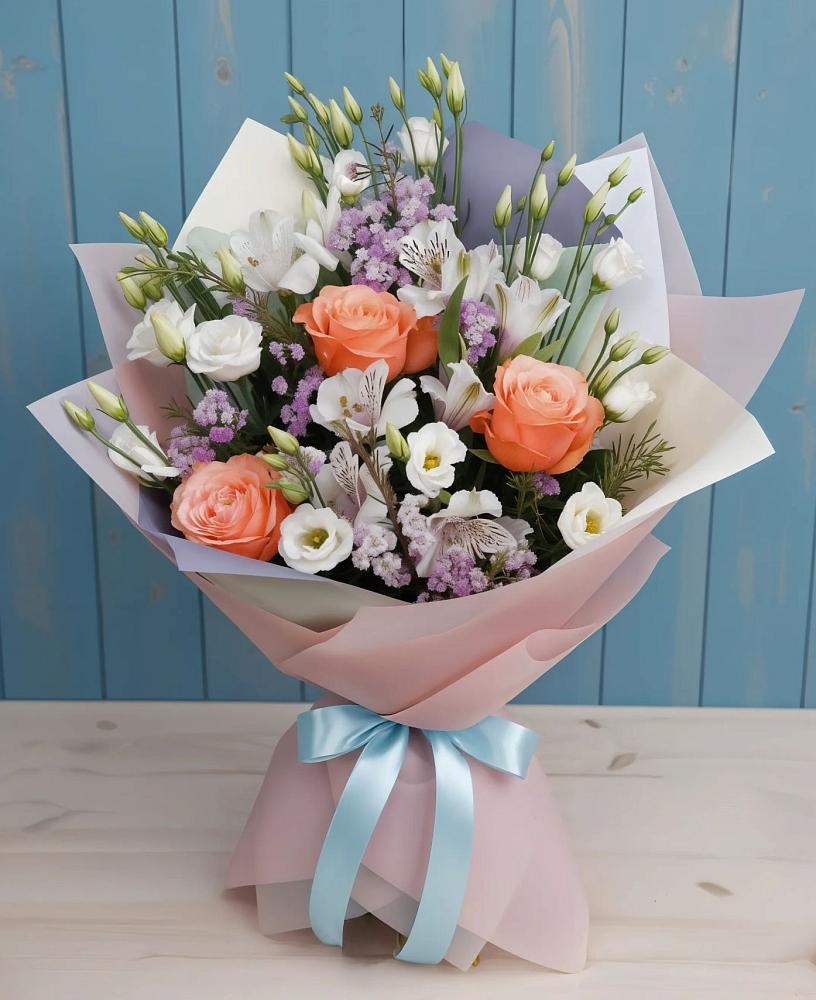 Букет цветов из: Лизиантусы, Розы, Альстромерии и Гипсофила в Бургуне-Маджаре