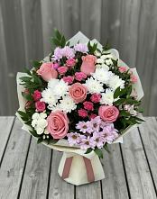 Букет цветов из:  Альстромерии, Гвоздики, Розы и Хризантемы #REPLACE_PRED# Бургуне-Маджаре