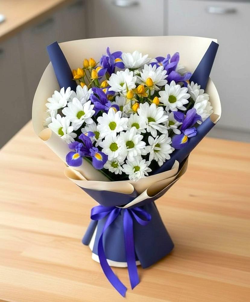 Букет цветов из: Розы, Ирисы и Хризантемы в Бургуне-Маджаре