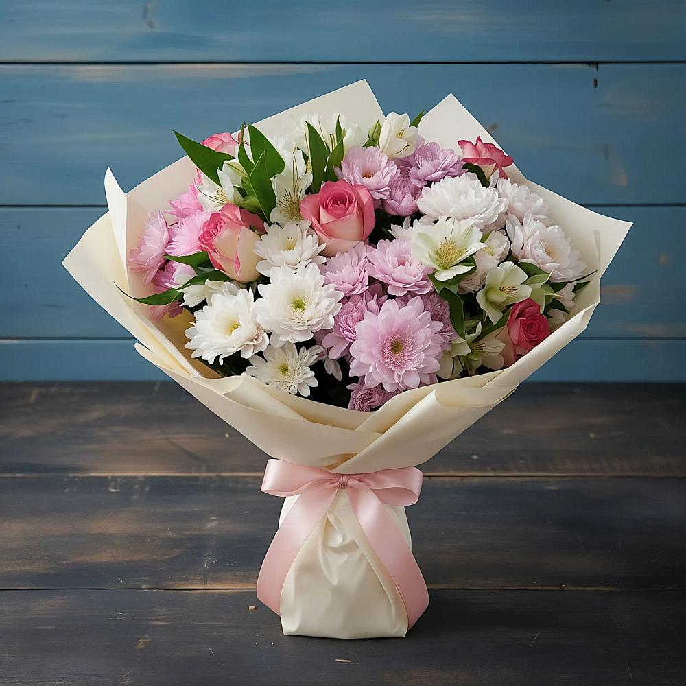 Букет цветов из: Хризантемы, Альстромерии и Розы в Бургуне-Маджаре